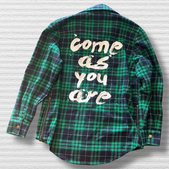 Rock Your Kid Boys Green Navy Plaid Flannel Shirt Sz 7 “Come As You Are”  Snaps - Picture 5 of 5